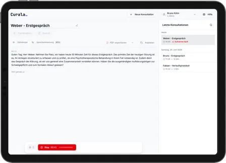Curala – KI-Software für Psychotherapie – erstellt Verlaufsdokumentation im Browser auf dem Laptop